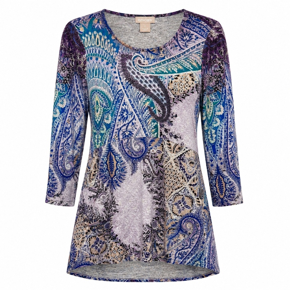 Chicos Size 0 Boho Paisley Tunic Top Women Small Bohemian Eclectic Art to Wear